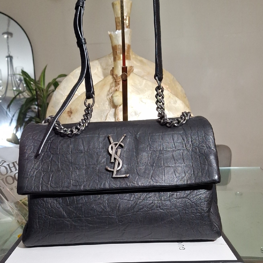 Yves Saint Laurent Black Croc-Embossed Leather Bag
